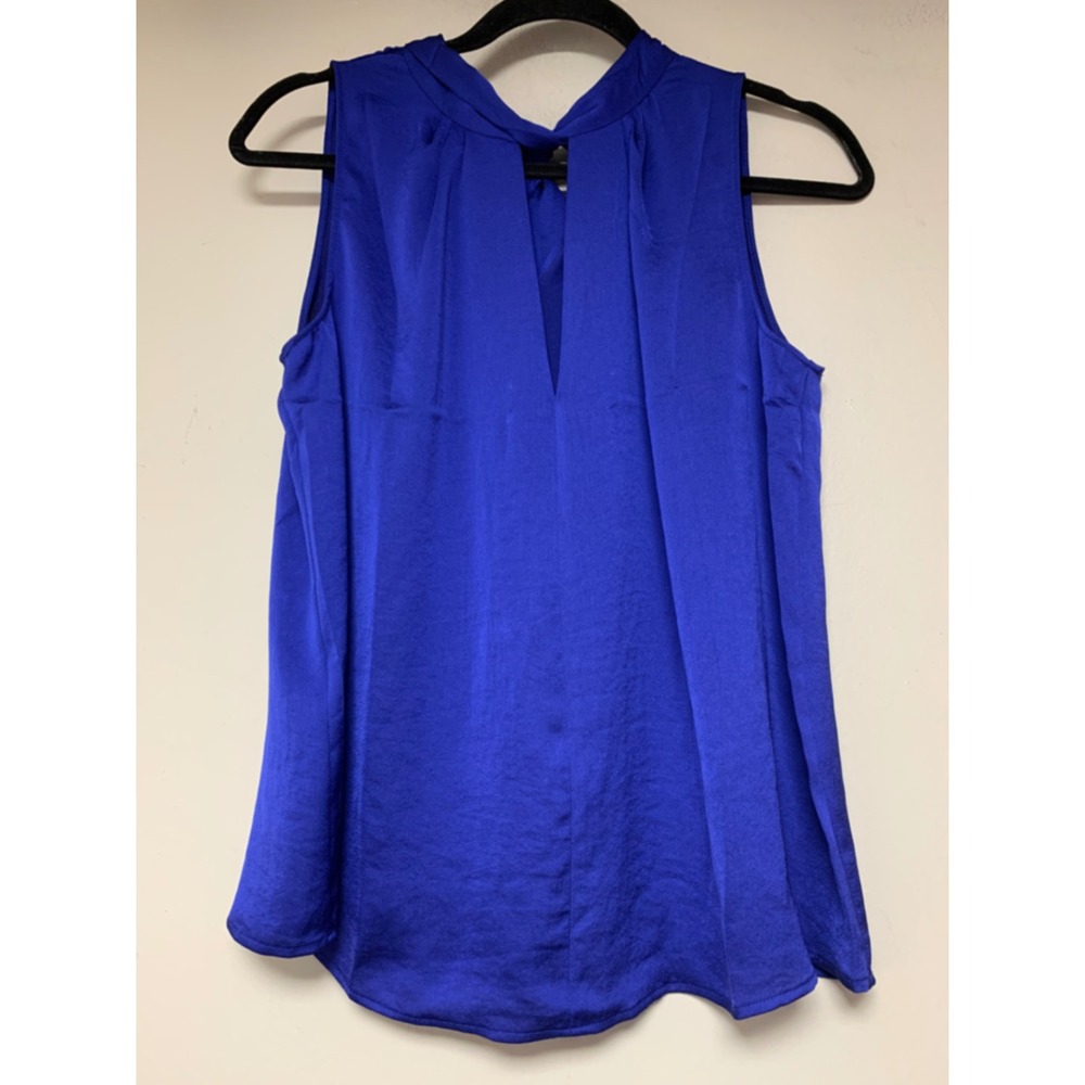 MNG Blouse Women Small Royal Blue‎ Excellent Satin Bow Back High Neck 79067